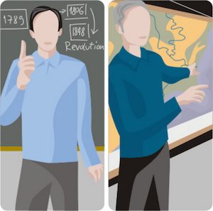 Teacher illustrations series. 1) History teacher teaching a class in a classroom. 2) History teache | MiddleWeb