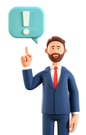 3d Illustration Of Creative Man Pointing Finger At Exclamation Mark In Speech Bubble. Cartoon Smilin | MiddleWeb