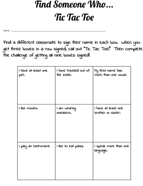 KO-Image 03 | MiddleWeb Printable classroom worksheet titled 'Find Someone Who... Tic Tac Toe' with a line for a name and a 3x3 grid of prompts (e.g., 'I have at least one pet,' 'I like movies,' 'I speak more than one language').
